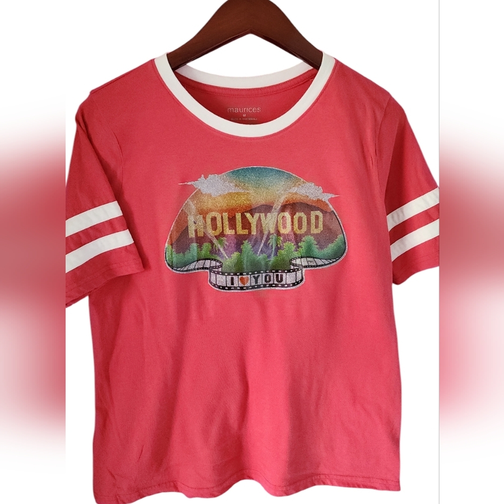 Vintage Hollywood glitter vinyl transfer 1970s on Women's M upcycled ringer tee